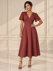 ELLERISSA Gaun Midi Burgundy Leher V Lengan Malaikat Pinggang Berkerut - Burgundy - View 1