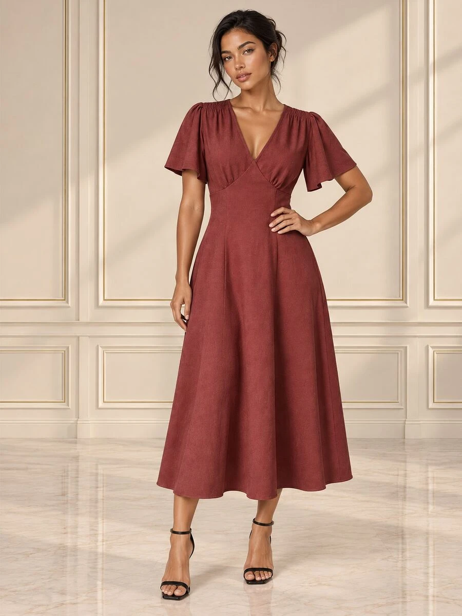 ELLERISSA Gaun Midi Burgundy Leher V Lengan Malaikat Pinggang Berkerut - Burgundy - View 1