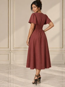 ELLERISSA Gaun Midi Burgundy Leher V Lengan Malaikat Pinggang Berkerut - Burgundy - View 2