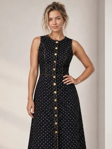 ELLERISSA Gaun Midi Denim Polkadot Hitam Tanpa Lengan Kancing Depan Model A-Line - Hitam - View 5