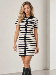 ELLERISSA Gaun Mini Model Shift Berkerah Polo Garis Biru Tua Lengan Pendek Kancing Depan - Navy Blue - View 5
