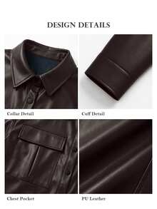 ELLERISSA Black Collared Long Sleeve Button Front Faux Leather Shirt Jacket - Black - View 7