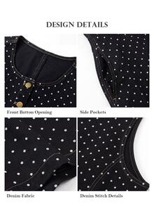 ELLERISSA Gaun Midi Denim Polkadot Hitam Tanpa Lengan Kancing Depan Model A-Line - Hitam - View 7