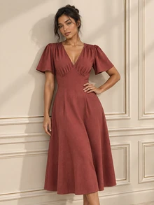 ELLERISSA Gaun Midi Burgundy Leher V Lengan Malaikat Pinggang Berkerut - Burgundy - View 5