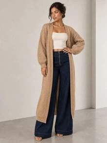 ELLERISSA Apricot Open Front Long Sleeve Fluffy Knit Longline Cardigan - Apricot - View 3