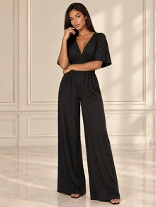 ELLERISSA Black Kimono Sleeve Shirred Waist Wide Leg Jumpsuit - Black - View 4