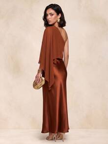 QUIZ Satin One Shoulder Chiffon Cape Maxi Dress - Rust Brown - View 2