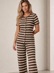ELLERISSA Coffee Brown Striped Crew Neck Short Sleeve Button Front Peplum Top & Wide Leg Pants Co-Ord Set - Coffee Brown - View 3