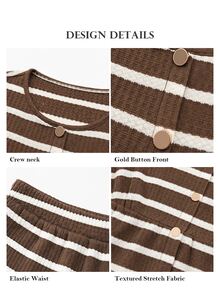 ELLERISSA Coffee Brown Striped Crew Neck Short Sleeve Button Front Peplum Top & Wide Leg Pants Co-Ord Set - Coffee Brown - View 7