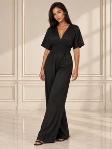ELLERISSA Black Kimono Sleeve Shirred Waist Wide Leg Jumpsuit - Black - View 6