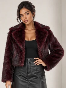 ELLERISSA Burgundy Notched Collar Long Sleeve Cropped Faux Fur Coat - Burgundy - View 6