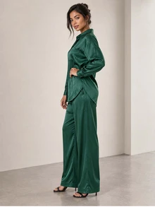 ELLERISSA Dark Green Collared Long Sleeve Satin Shirt & Wide Leg Pants Co-Ord Set - Dark Green - View 3