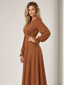 ELLERISSA Rust Brown Long Sleeve Dobby Spot Midi Tea Fall Dress - Brown - View 4