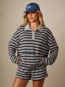 MISSGUIDED Oversized Long Sleeve Polo Shirt With Button Placket Contrast Collar And Short Set In Classic Striped Print For Spring Summer - Multicolor - View 6