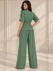 ELLERISSA Green Round Neck Half Sleeve Tie Waist Wide Leg Pants Co-Ord Set - Green - View 2