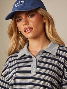 MISSGUIDED Oversized Long Sleeve Polo Shirt With Button Placket Contrast Collar And Short Set In Classic Striped Print For Spring Summer - Multicolor - View 5