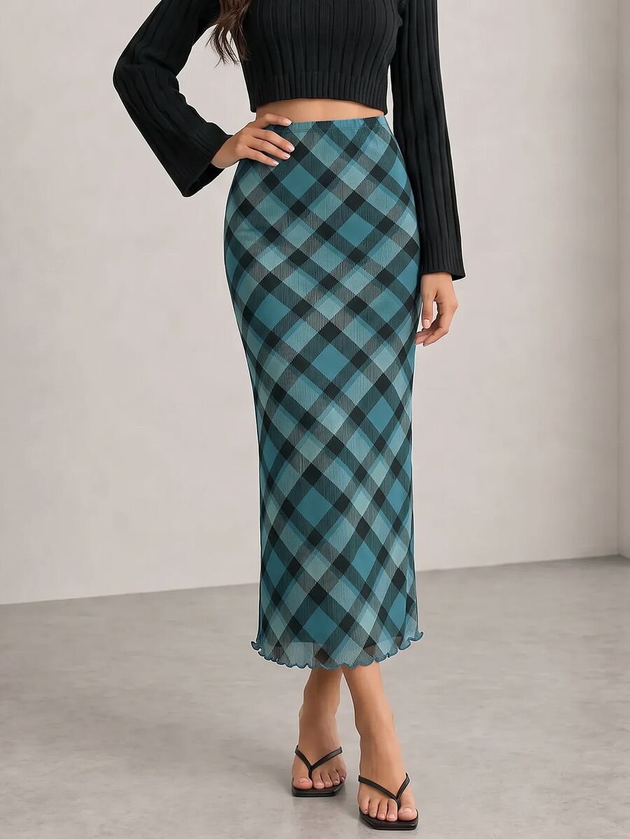 ELLERISSA Blue Plaid Print High Waist Lettuce Hem Mesh Midi Skirt - Blue - View 1