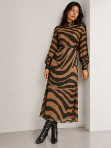 ELLERISSA Brown Zebra Print High Neck Long Sleeve Midi Dress - Brown - View 5