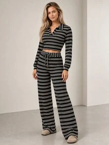 ELLERISSA Black Stripe Knit Crop Top & Wide Leg Pants Co-Ord Set - Black - View 5