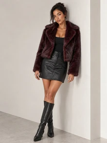 ELLERISSA Burgundy Notched Collar Long Sleeve Cropped Faux Fur Coat - Burgundy - View 5