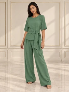 ELLERISSA Green Round Neck Half Sleeve Tie Waist Wide Leg Pants Co-Ord Set - Green - View 1