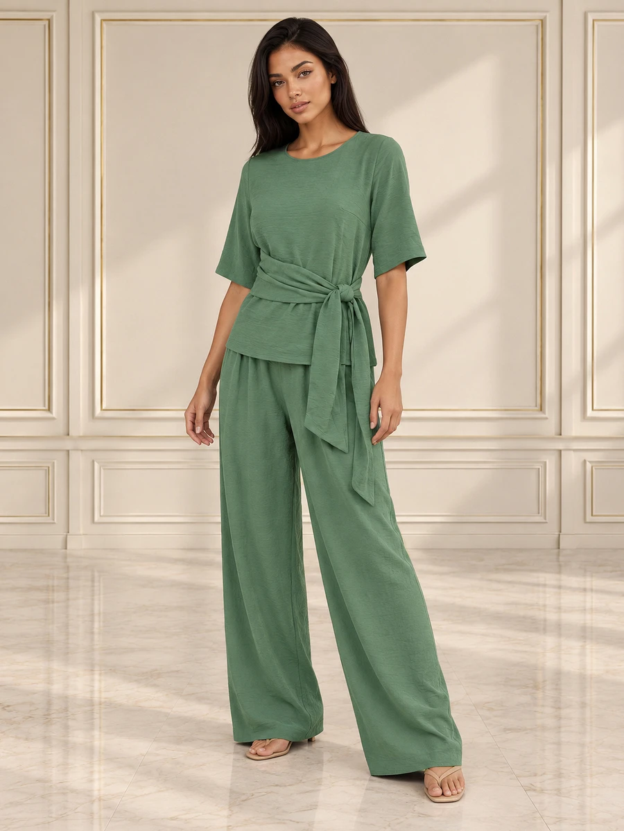 ELLERISSA Green Round Neck Half Sleeve Tie Waist Wide Leg Pants Co-Ord Set - Green - View 1
