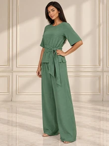 ELLERISSA Green Round Neck Half Sleeve Tie Waist Wide Leg Pants Co-Ord Set - Green - View 4
