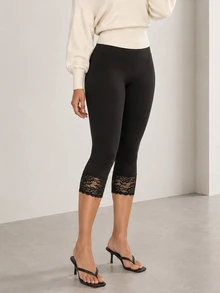 ELLERISSA Black High Waist Lace Trim Capri Leggings - Black - View 5