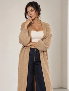 ELLERISSA Apricot Open Front Long Sleeve Fluffy Knit Longline Cardigan - Apricot - View 6