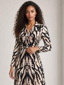 ELLERISSA Gaun Midi Jersey Lengan Panjang Kerah Polo Motif Zebra - MultiWarna - View 5
