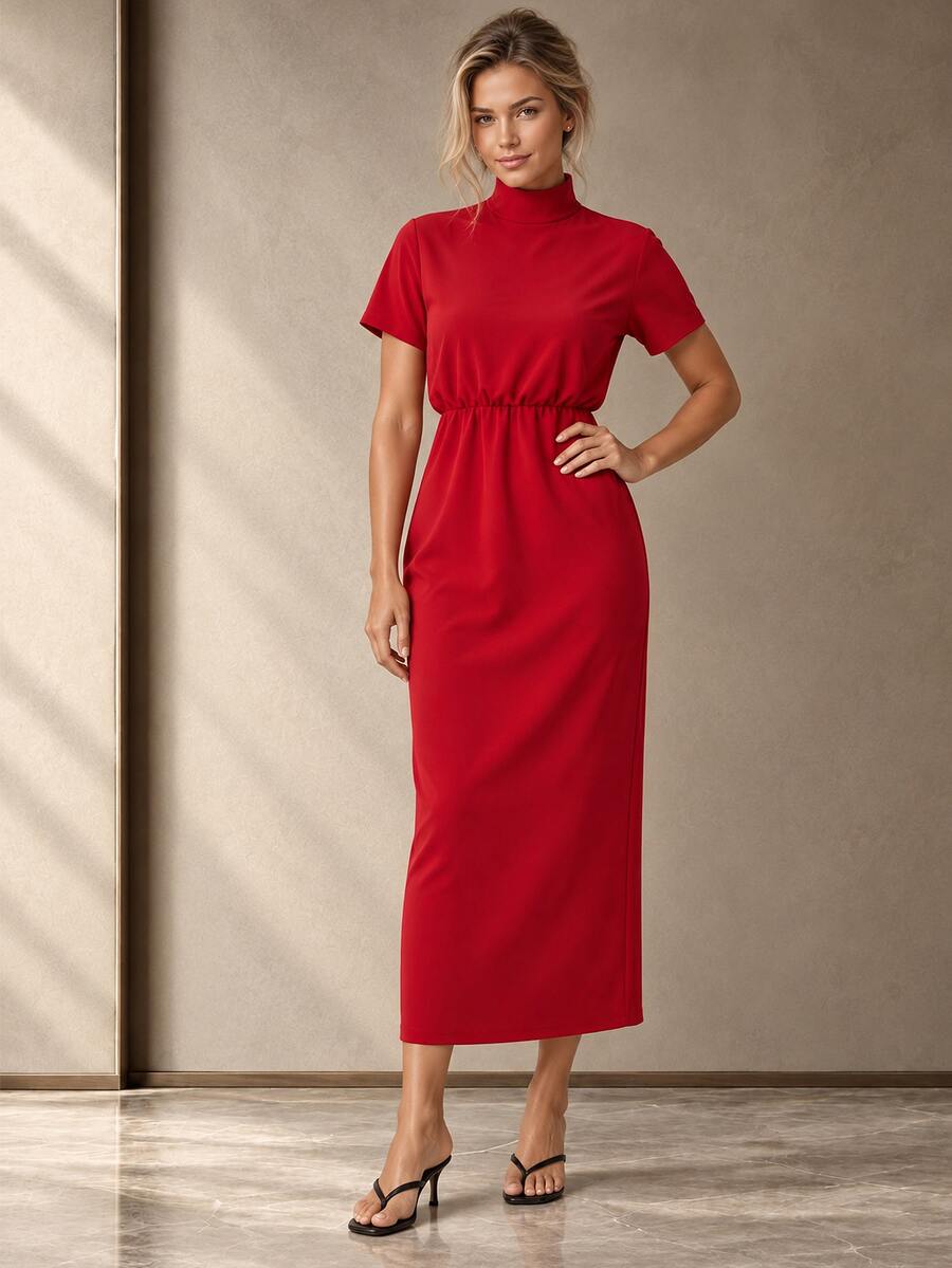 ELLERISSA Gaun Midi Merah Kerah Tinggi dengan Tali di Belakang, Lengan Pendek, dan Pinggang Elastis - Merah - View 1