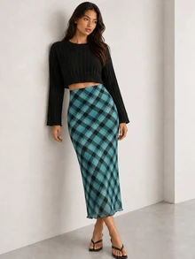 ELLERISSA Blue Plaid Print High Waist Lettuce Hem Mesh Midi Skirt - Blue - View 3