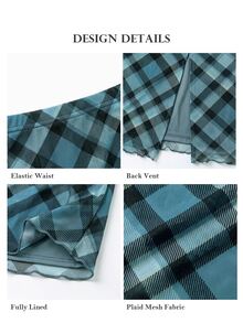 ELLERISSA Blue Plaid Print High Waist Lettuce Hem Mesh Midi Skirt - Blue - View 7