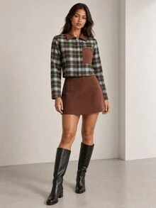 ELLERISSA Plaid Check Multicolor Suede Collar Long Sleeve Contrast Pocket Cropped Boxy Autumn Shirt - Multicolor - View 4
