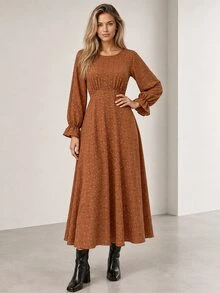 ELLERISSA Rust Brown Long Sleeve Dobby Spot Midi Tea Fall Dress - Brown - View 6