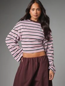 MISSGUIDED Striped Crop Long Sleeve Top With Bell Flare Cuffs, Crew Neck, Retro Logo Badge, Fitted Cropped Hem, Fall Winter Essential - Pink - View 1