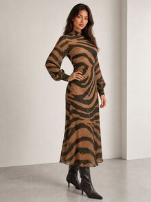 ELLERISSA Brown Zebra Print High Neck Long Sleeve Midi Dress - Brown - View 6