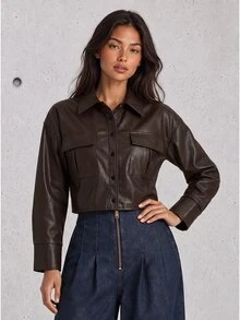ELLERISSA Black Collared Long Sleeve Button Front Faux Leather Shirt Jacket - Black - View 1