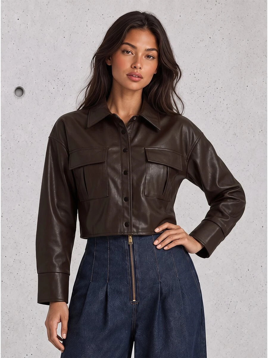ELLERISSA Black Collared Long Sleeve Button Front Faux Leather Shirt Jacket - Black - View 1