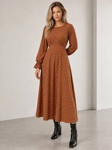 ELLERISSA Rust Brown Long Sleeve Dobby Spot Midi Tea Fall Dress - Brown - View 5