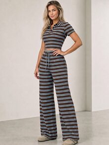 ELLERISSA Plus Size Brown Stripe Rugby Polo Crop Top And Wide Leg Pants Co Ord Set - Brown - View 4