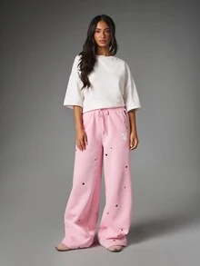 Missguided x Playboy Bunny Wide Leg Sweatpants With Metal Eyelets Drawstring Waist And Logo Script Back Print For Casual Everyday Wear - Pink - View 3