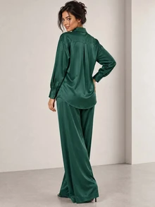 ELLERISSA Dark Green Collared Long Sleeve Satin Shirt & Wide Leg Pants Co-Ord Set - Dark Green - View 2