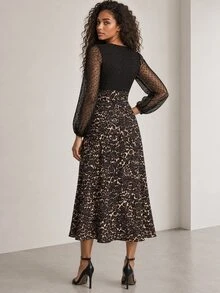 ELLERISSA Black Leopard Print V Neck Dobby Mesh Long Sleeve Contrast Midi Dress - Multicolor - View 2