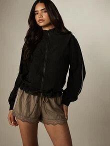 MISSGUIDED Lace Trim Mini Shorts With Piping Detail Elastic Drawstring Waist Flowy Silhouette Summer Holiday Casual Everyday Style - Mocha Brown - View 4