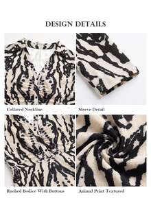 ELLERISSA Gaun Midi Jersey Lengan Panjang Kerah Polo Motif Zebra - MultiWarna - View 6