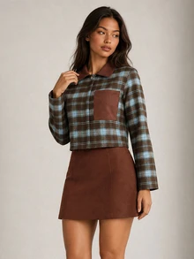 ELLERISSA Plaid Check Multicolor Suede Collar Long Sleeve Contrast Pocket Cropped Boxy Autumn Shirt - Multicolor - View 5