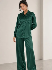 ELLERISSA Dark Green Collared Long Sleeve Satin Shirt & Wide Leg Pants Co-Ord Set - Dark Green - View 4