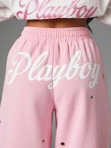 Missguided x Playboy Bunny Wide Leg Sweatpants With Metal Eyelets Drawstring Waist And Logo Script Back Print For Casual Everyday Wear - Pink - View 6