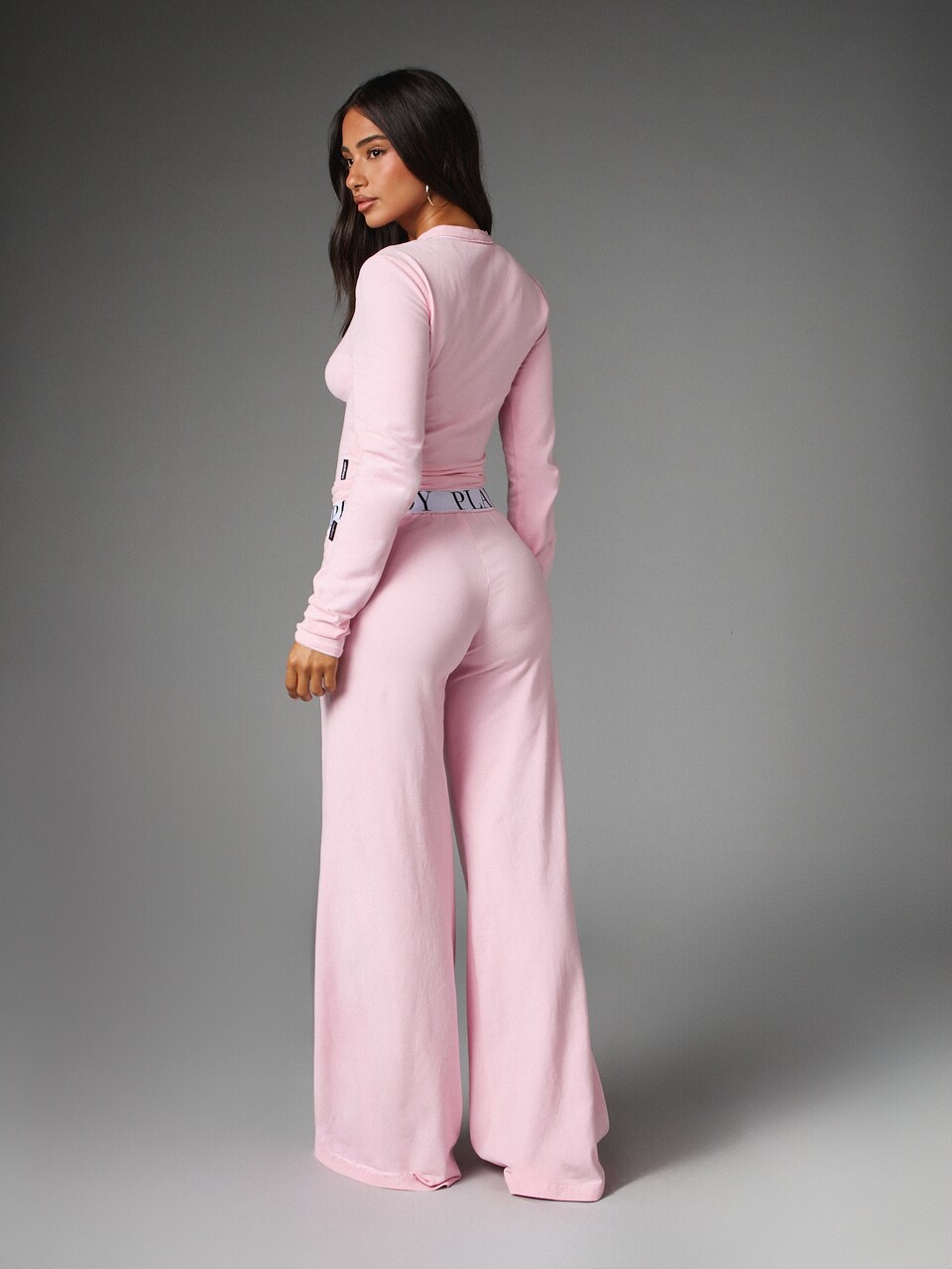 Missguided x Playboy Long Sleeve Crop Top And Wide Leg Pants Co-Ord Set With V-Neck Button Detail And Branded Elastic Waistband